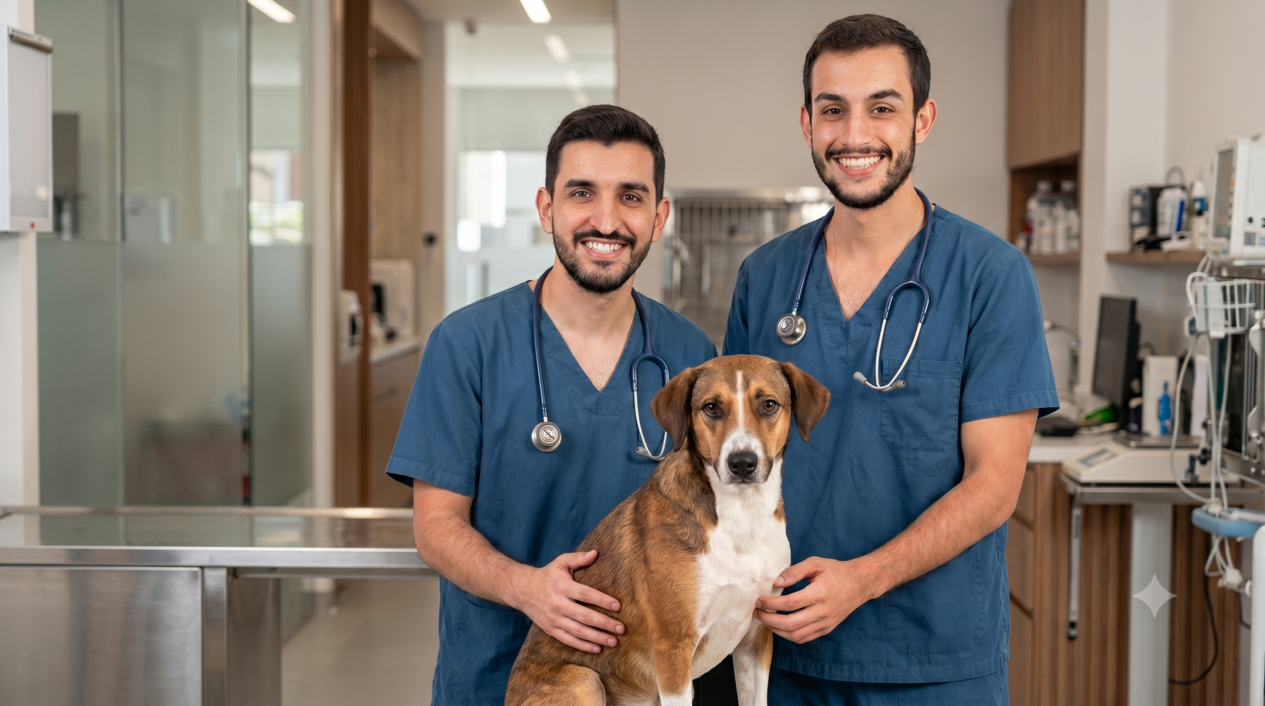 Dois médicos veterinários da Estima Animal sorrindo com um cão na clínica no Rudge Ramos, São Bernardo do Campo